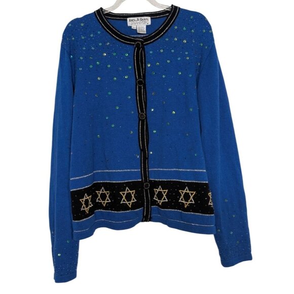 Jack B Quick Star of David Cardigan Womens Size Large Blue Sequins Beaded Knit - Picture 1 of 12